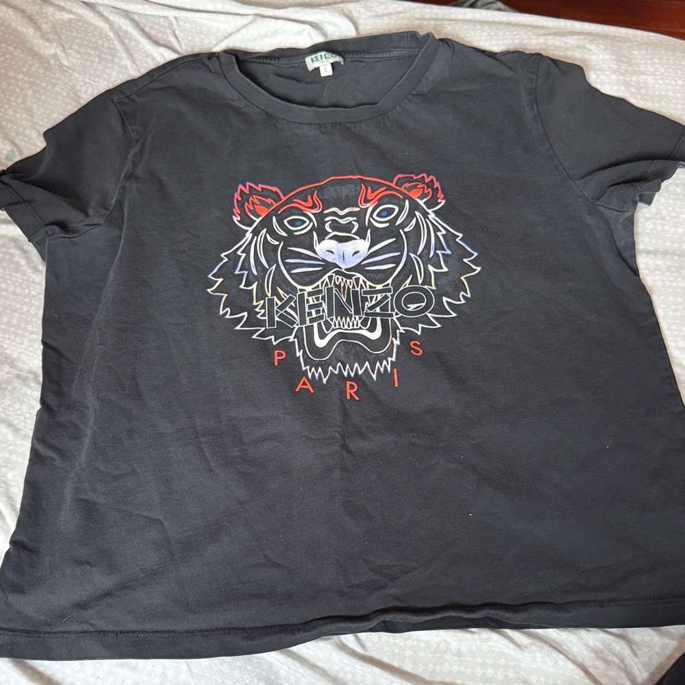 Kenzo Black Tee with Neon Tiger Outline